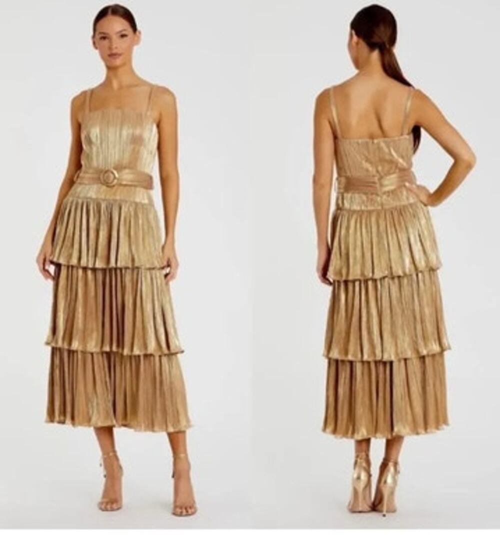Ieena for Mac Duggal 27062 Dress Ruffle Tier Midi Pleated Belted Gold NWT 2